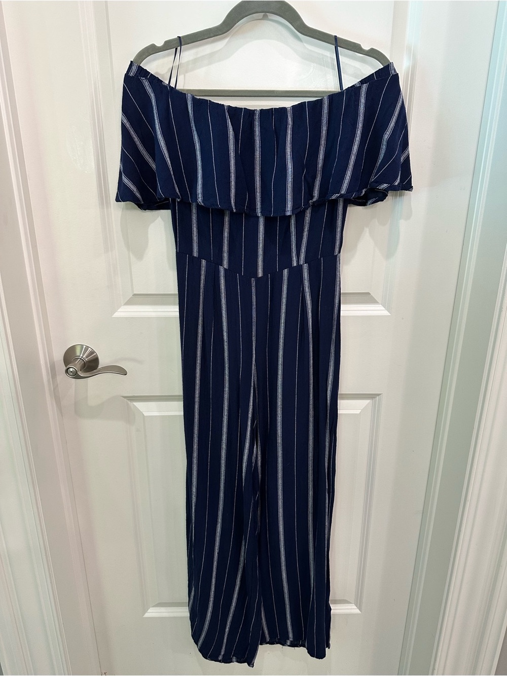 Altar'd State Navy & White Striped Off-Shoulder Jumpsuit